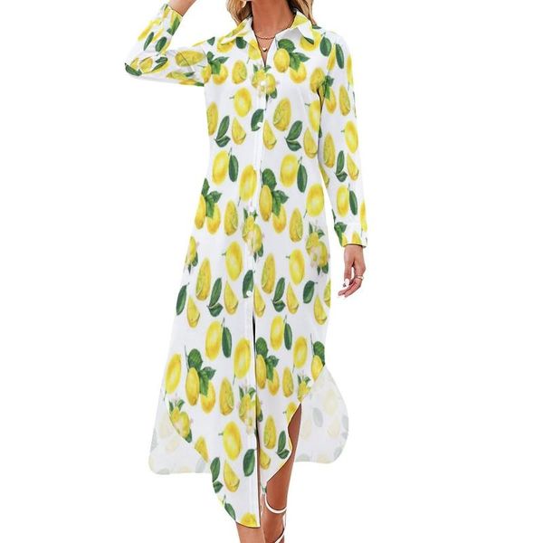 Abiti casual Abito con stampa di limone giallo Modello di frutta ad acquerello Street Fashion Abito in chiffon grafico con scollo a V a maniche lunghe da spiaggiaCasual