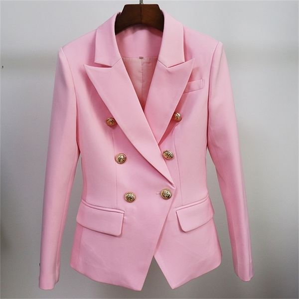 Mulheres de blazer rosa de alta qualidade Mulheres finas Botões de leão de metal de peito duplo s e jaquetas brancas 220819