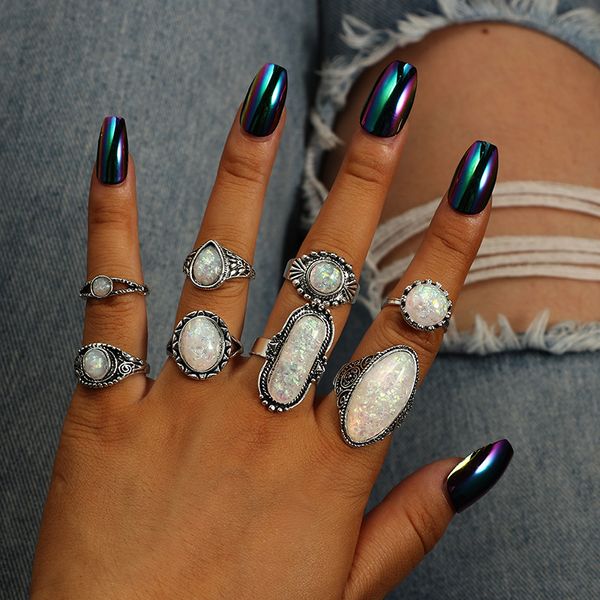 Cluster Rings 8Pcs Vintage Antique Silver Color Sets Colorful Opal Crystal Stone Carve For Women Men Bohemian Jewelry AnillosCluster