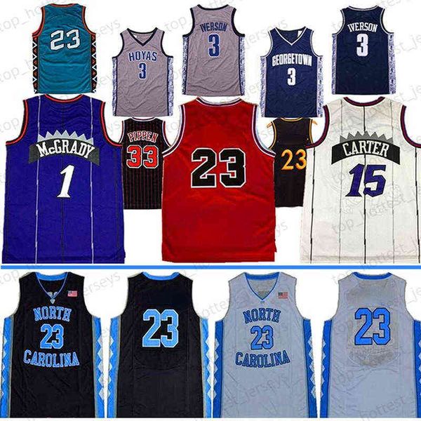 NCAA 1 McGrady North Carolina Maglie da basket 33 Pippen UNC Tar Heels 23 Michael Vince 15 Carter Tracy Georgetown Allen 3 Iverson Vintage