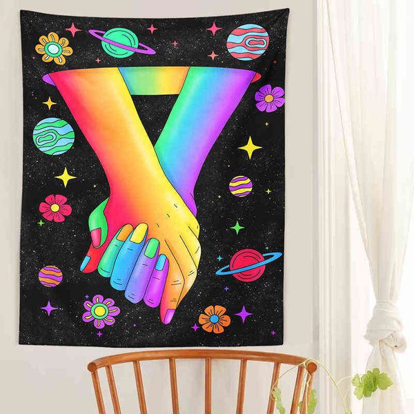 Psychedelic Planet Tapisserie Halten Sie Ihre Hand Wandbehang Hippie Schwarze Teppiche Sternenhimmel Hintergrund Überwurf Abdeckung Dekor J220804
