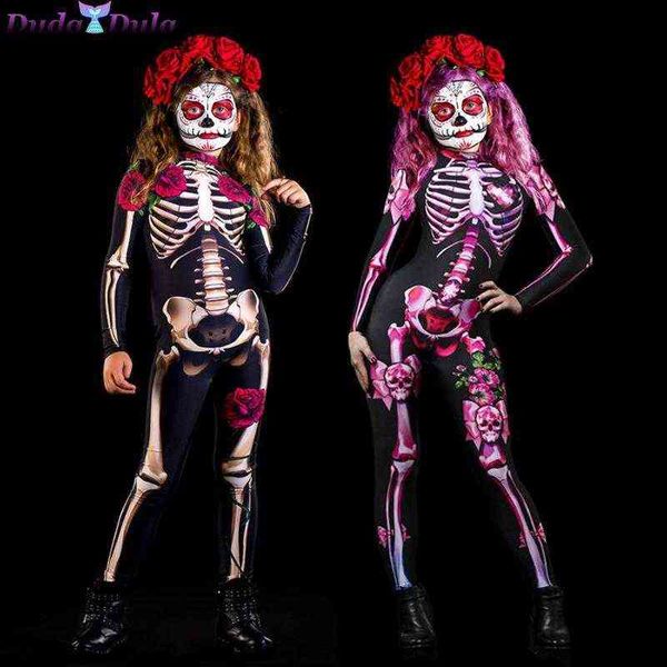 Sexy Women Girl Halloween esqueleto Rose Rose Scary Cosplay Jumpsuit Devil Ghost Jumpsuit Party Carnival Performance 3D Print Bodysuit Y220819