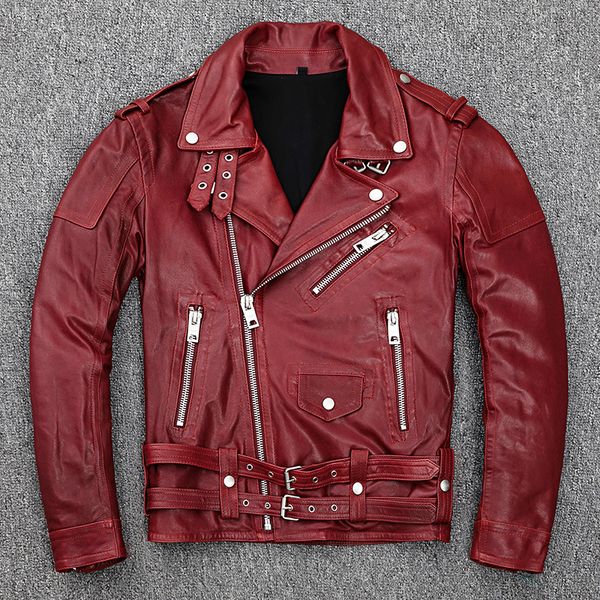 Frühling 100 echte weiche Schaffell gebräunte Lederjacke Herren Wein Red Motorrad Jacken Männliche Motorkleidung Biker Jacke 220819