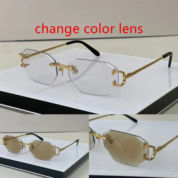 Tasarımcı güneş gözlükleri erkekler fotokromik gözlükler moda markası çerçevesiz stil elmas kesim lens adam vintage retro tasarımcılar rimless güneş gözlüğü kadın kare 0103c