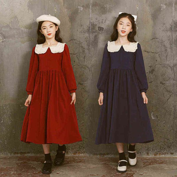 Teen Mädchen Koreanische Midi Kleid 2023 Herbst Prinzessin Patchwork Kinder Elegante Kleidung Kinder Langarm Kleider Frühling Rot Blau Y220819