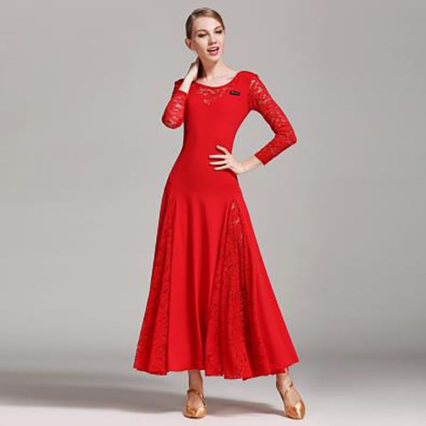 Sexy Spitzen Ballsaal Tanzkleid f￼r Frau Langarmes Walzer Tango Voile Kleider Standardkleid Schwarz/rot/blau/gr￼n