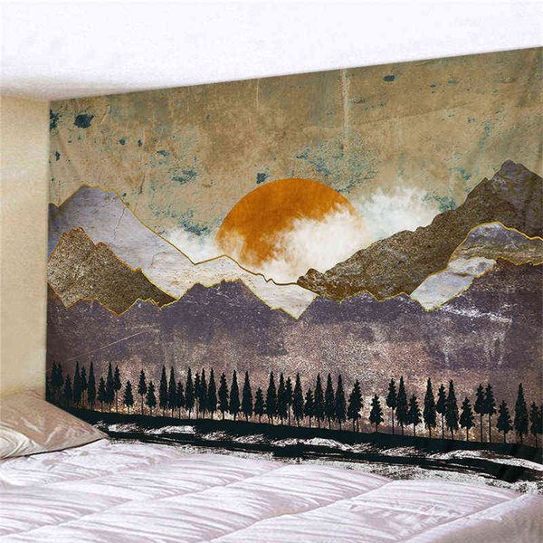 Estilo japonês tapete de parede Resumo Painted Whale Sunset Mountain Forest Hippie Mandala Tapeçaria Paisagem J220804