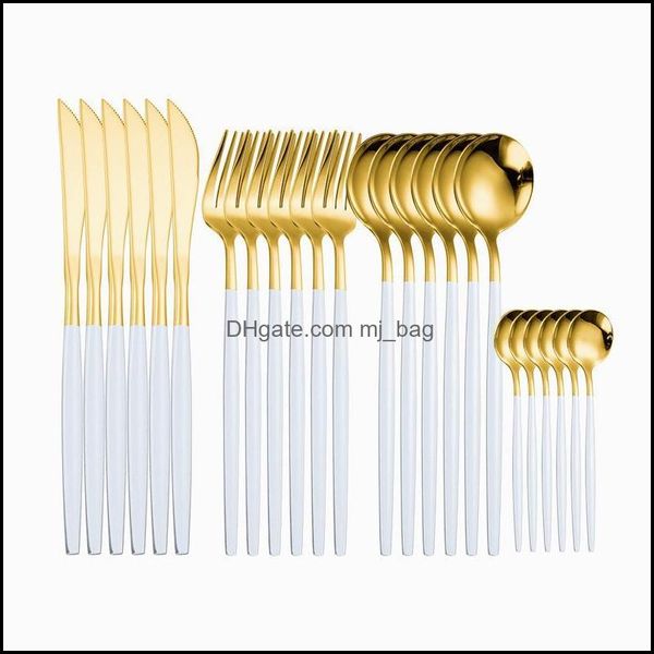 Set di stoviglie Set di posate in acciaio inossidabile Set da tavola in oro bianco Forchetta Cucchiaio 16 pezzi Cucchiai Coltelli Consegna goccia 2021 Casa Mjbag Dhc70