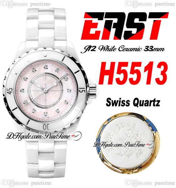 EAST J13 33 mm H5513 Schweizer Quarz-Damenuhr, weiße Korea-Keramik, rosa Muschel-Zifferblatt, Diamanten, Markierungen, Keramik-Armband, Super Edition Damenuhren Puretime