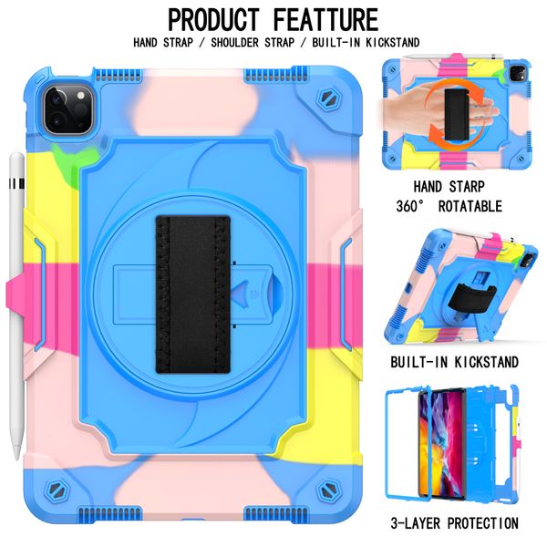 Custodie per tablet per iPad Air 4 Pro 11 pollici con cavalletto girevole Protezione a 3 strati Anti-caduta Mano e tracolla integrate Rotazione e rimovibile