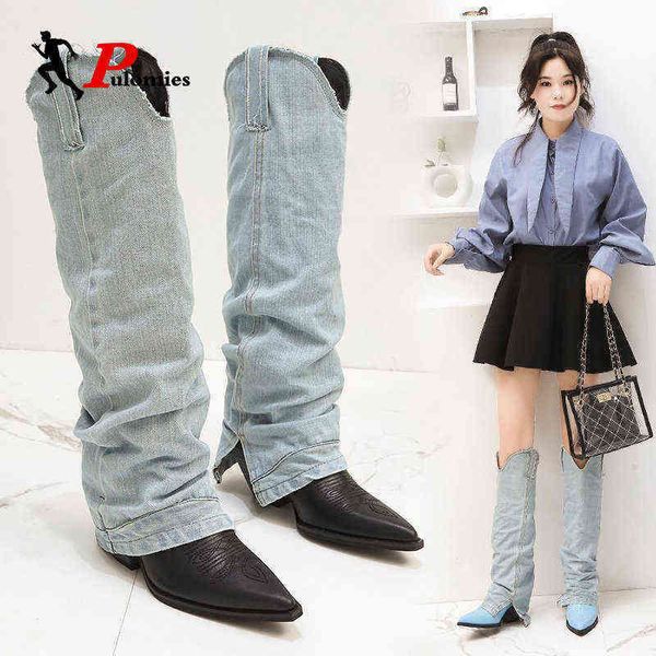 Boot Jean Boots Женская коленная коленная кожаная женская туфли для женской туфли для моды моды, женщина сексуальная джинсовая ткань, длинная 1203