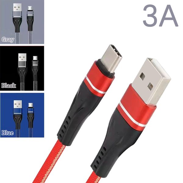 1 m langes 3-A-Schnellladekabel, Micro-USB-Typ-C-Sternring-Metallgehäuse, geflochtenes, flaches Mobiltelefon-Datenkabel