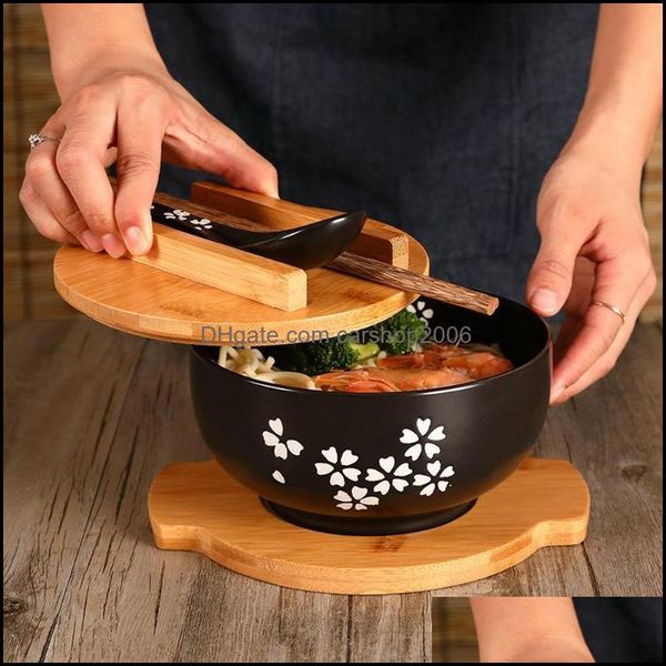 Set di stoviglie Ciotola di noodle di riso in stile giapponese con coperchio Cucchiaio e bacchette Stoviglie da cucina Zuppa di insalata in ceramica Contenere Carshop2006 Dhhka