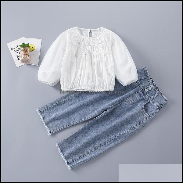 Roupas Conjuntos de roupas Spring Kids Girls 2-PCs Branco rosa Longo Puff Elastic Camisetas Denim Crian￧as Roupas Mxhome Drop Delivery 20 mxhome dhrx9