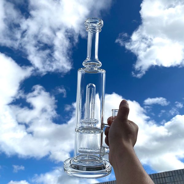 Bilimsel cam bong nargile kalın dab kulesi 14 inç dayanıklı satır içi ve duş başlığı işlevi 14mm erkek kase ile sigara su borusu