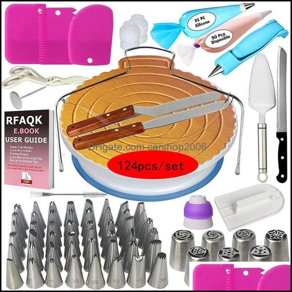 Utensili per pasticceria da forno 124Pcs Strumento per decorare torte Glassa Pi punte Piatto di plastica Giradischi Supporto rotante Ugelli russi De Carshop2006 Dhnx2