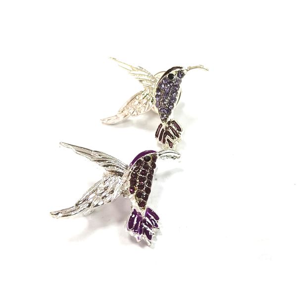 10 pz/lotto Vintage Tono Argento Piccolo Colibrì Viola Spille Strass Cristallo Animale Spilla Uccello Pin Per le donne