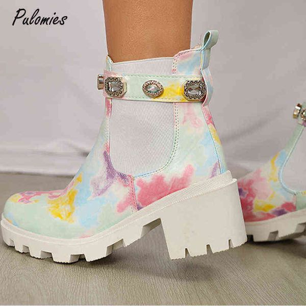 BOTO BOTA MULHERM BOTAS BONTIL FILDAS TORNAS AUTUMON Winter Rainbow Sapatos de salto quadrado curto Sapatos de shinestone Non Slip Fashion Caldofy 1203