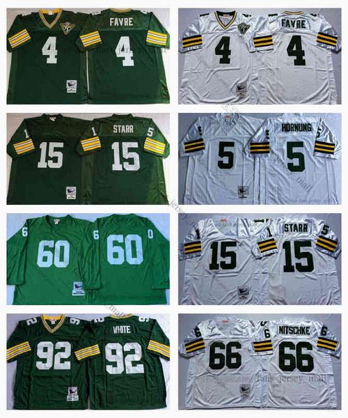 NCAA Futebol vintage 15 Bart Starr Jersey 4 Brett Favre 66 Ray Nitschke 92 Reggie White 5 Paul Hornung Jones Green White Man Mitchell e N