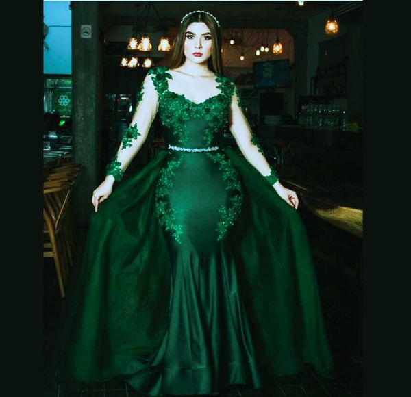 Eleganti abiti da ballo a sirena verde smeraldo con gonna staccabile Abiti da sera formali in pizzo a maniche lunghe Eleganti arabe Dubai Abiti da spettacolo per occasioni speciali da donna