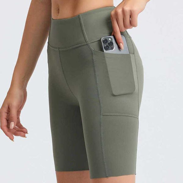 NWT L-14 Calças de ciclismo de corrida de cintura alta Shorts esportivos nus Leggings de fitness femininas Yoga Bolsos laterais curtos Meias-calças de secagem rápida Roupas esportivas para academia