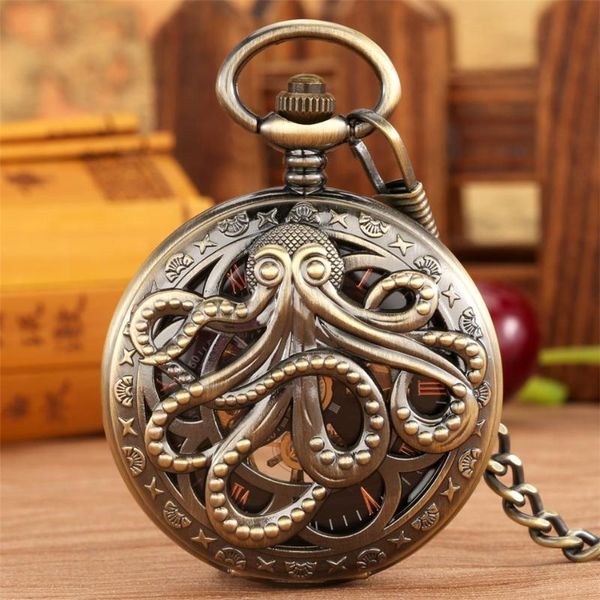 Orologi da tasca Modello Octopus Orologio meccanico a carica manuale Numeri romani in oro rosa Quadrante Scheletrato trasparente Orologio a sospensione manualeTasca