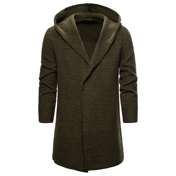 Camisolas masculinos Cardigan SweaterCoat Men solar malha com capuz de malhas de malha com capuz Trend Round Long Exército Green/Khakimen's