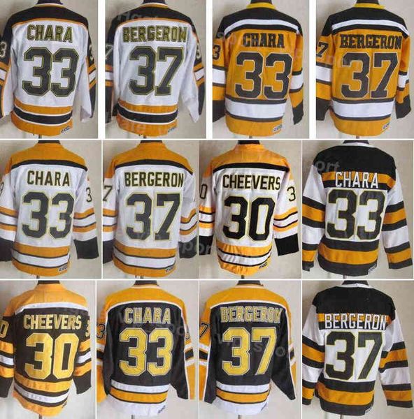 Homens Hockey Vintage Retro 33 Zdeno Chara Jersey 37 Patrice Bergeron 30 Gerry Cheevers 77 Ray Bourque Stitching Home Preto Amarelo Branco 75