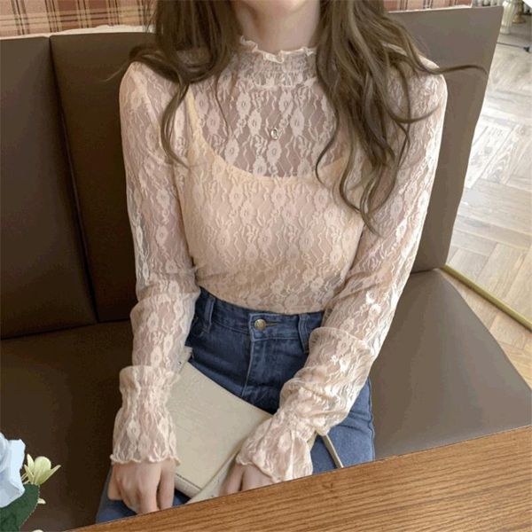 Женские блузкие рубашки в корейском стиле сексуально подых с белой кружевной блузкой Женщины Вышивка высокой шеи Элегантное явное пуловер.