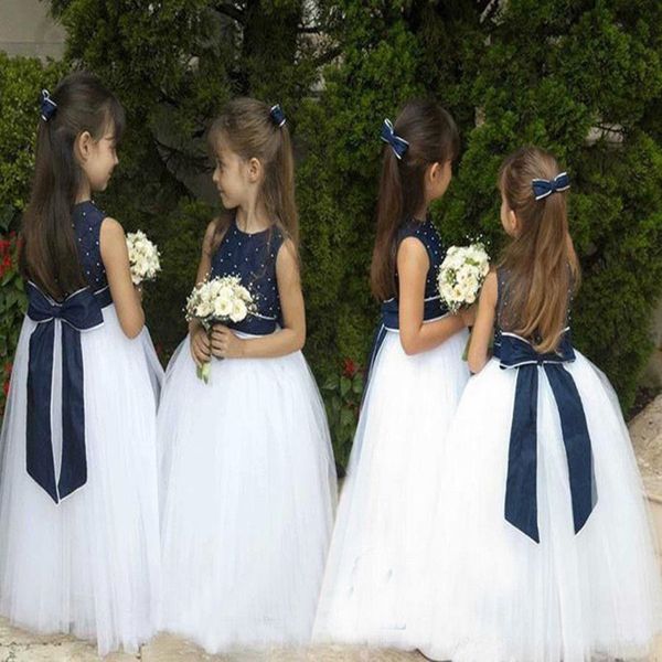 Vestidos de menina Menina de flor azul azul marinho para casamentos Branco tule fofo primeiro vestido de comunhão Girls concurso