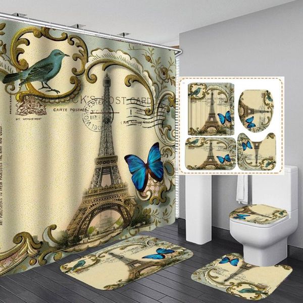 Tende da doccia Parigi Farfalla Paesaggio Torre Eiffel Set di tende stampate Tappeto antiscivolo Set di cuscini per WCDoccia