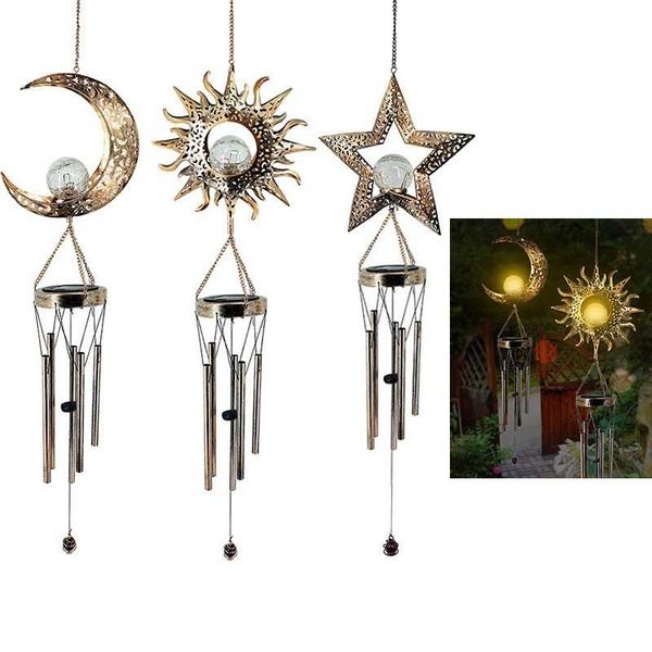 Objetos decorativos Figuras decorações do Ramadã LED móvel LED solar alimentado ao ar livre pendurado Light Up Patio Moon Wind Chimes para Chim Outside