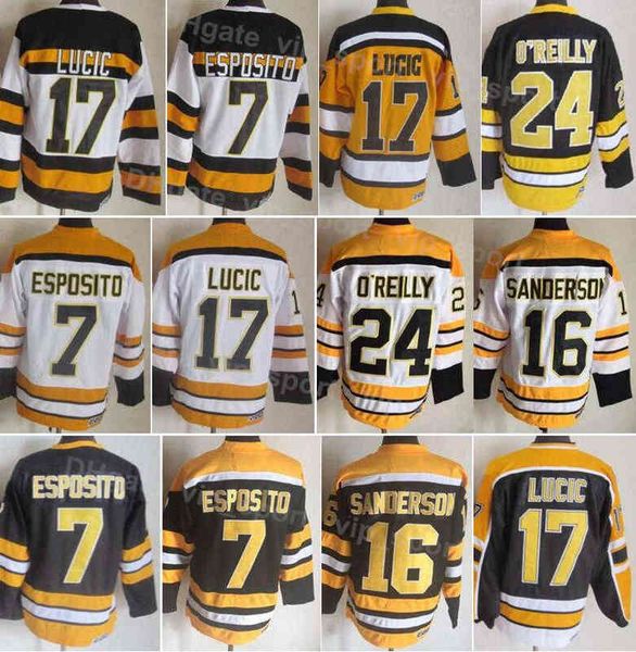 Uomo Hockey Vintage Retro 16 Derek Sanderson Jersey 17 Milan Lucic 24 Terry OReilly 7 Phil Esposito All Stitched Home Nero Giallo Bianco