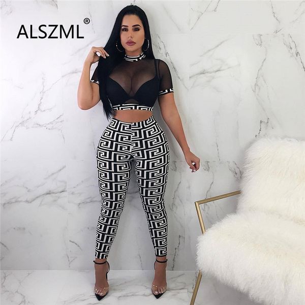 Damen-Trainingsanzüge, Club-Mode, sexy Damenbekleidung, durchsichtiges Netz-Crop-Top und spezielle Print-Leggings, 2-teiliges Set, schicker Sommeranzug für Damen