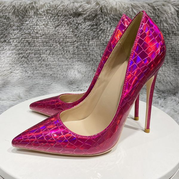 Ботинки на высоком каблуке Новые розовые лазер крокодиловый эффект женщины указывают на пятку для вечеринки для вечеринки обувь жены сексуальные насосы Stiletto Stone Patten Red Sole Designer