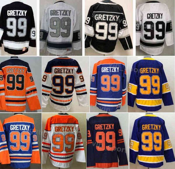 Herren Retro 99 Wayne Gretzky Hockey-Trikots Vintage Classic Schwarz Weiß Marineblau Orange Lila Stickerei und genähte atmungsaktive reine Baumwolle