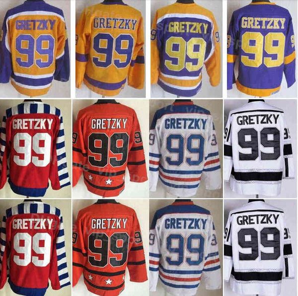 Мужчины ретро -хоккейные майки 99 Уэйн Гретцки Винтажная классическая вышивка и сшитый черно -белый темно -синий оранжевый фиолетовый желтый красный дом