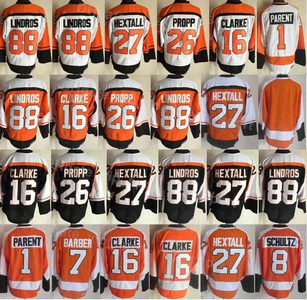 Men Hockey Vintage Retro 26 Brian Propp Jerseys 1 Bernie Parent 7 Bill Barber 8 Dave Schultz 88 Eric Lindros 16 Bobby Clarke 27 Ron Hext