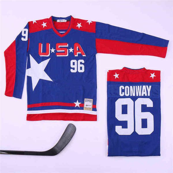 Equipe de filme EUA Hockey 96 Charlie Conway Jersey Mighty Ducks College Home Tudo costurado Cor Azul Algodão puro de alta qualidade