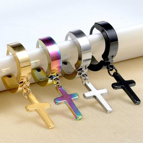 Lampadario penzolante Orecchini pendenti color argento oro nero per donna Uomo Punk Cerchio piccolo con orecchino croce in acciaio inossidabile UnisexDangle