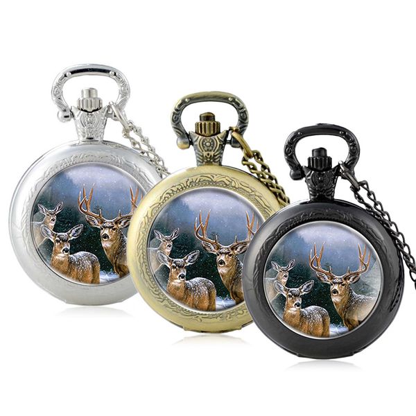 Relógios de bolso Classic Hunting Elk Design Glass Cabochon Quartz Assista Vintage Homens Mulheres Colar Pingente Chain Relógio Jóias GiftSpocket