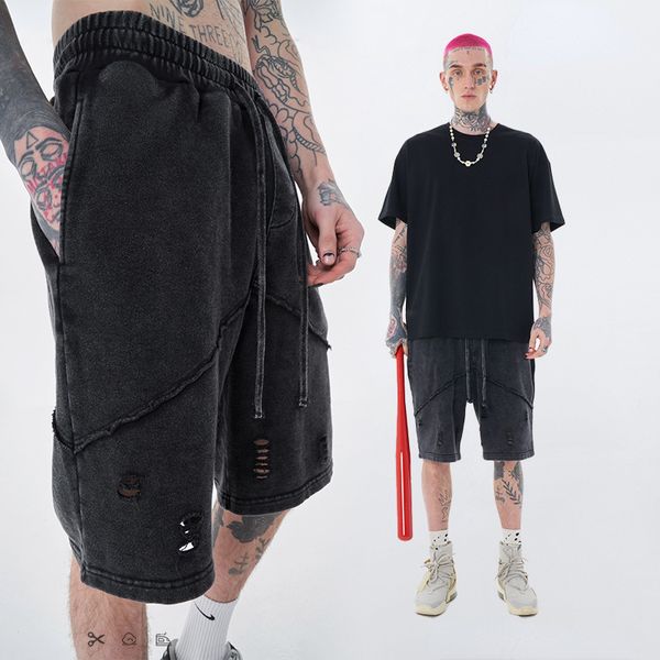 Shorts masculinos Summer High Street rasgou a moda masculina casual de streetwear de hip-hop retrô com calça de cinco pontos na perna de perna larga de uma parte larga de cinco pontos