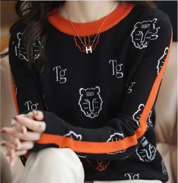 Kadın Sweaters Tiger Baskılı Külük O yakalı Örme Jumpers Sevimli Güzel Kalık Öğrenciler Sokak Giyim Stil Style Style Slim Yumuşak Üstü