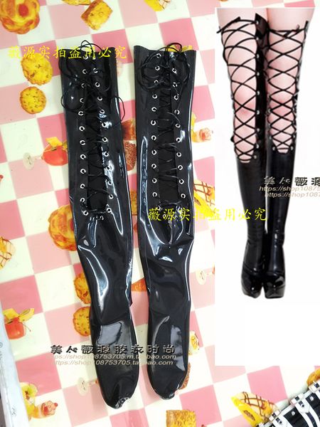 Herrensocken Sexy schwarze Frauen hautenge Latex-Gummistrümpfe Oberschenkelhoch mit RückenschnürungHerren