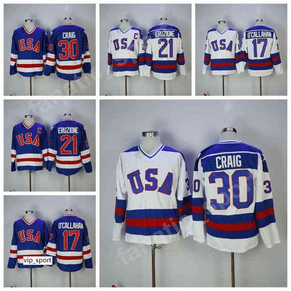 Heiße 1980 USA Hockey-Trikots 17 Jack Ocallahan 30 Jim Craig 21 Mike Eruzione Trikot Herren Sale Teamfarbe Blau Weiß genäht