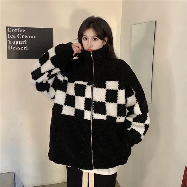 Damenjacken Koreanische Mode Plaid Mäntel Frau Winter 2022 Chic Lämmer Wollmantel Für Mädchen Kunstpelz Damenjacke Herbst High School C