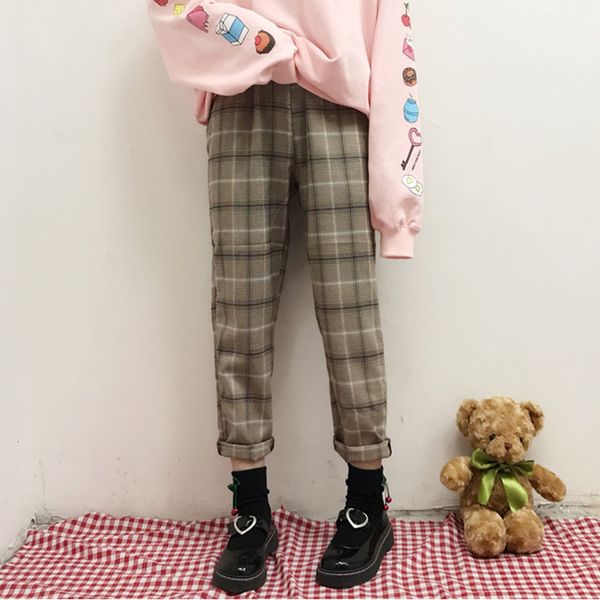 Männer Hosen Japanische Weiche Mädchen Retro Plaid Hohe Taille War Dünne Casual Hosen College Stil Süße Frauen Männer