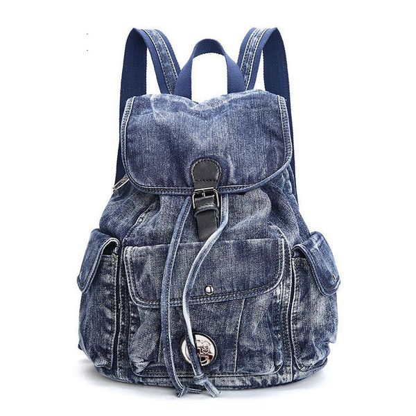 Backpack Classic Denim Big Blue Color Blue Color Vintage Lavagem de moda Canvas estudantil Jean School University Men's Casual Travel Rucksacbackpack