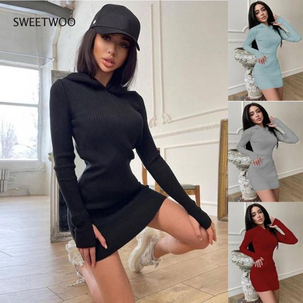 Casual Kleider Herbst Winter Mit Kapuze Langarm Gestrickte Pullover Kleid Für Frauen Sexy Einfarbig Kurze Weibliche Party Dünne KleiderCasual