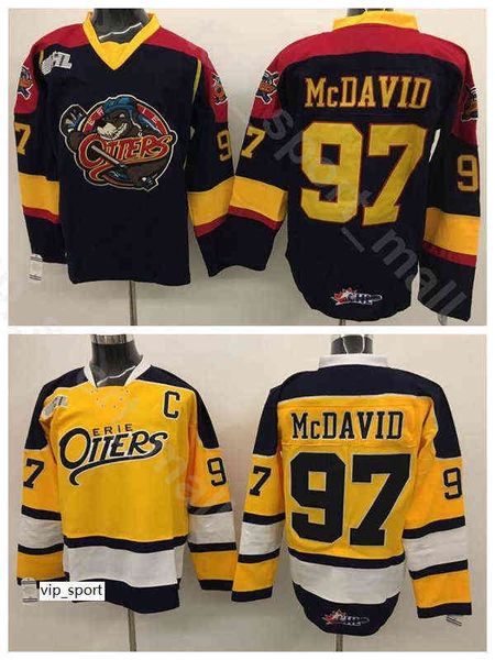 Erie Otters Edmonton 97 Connor McDavid College Jersey Men Hockey Premier OHL Com COA Team Color Black Away Yellow Quality